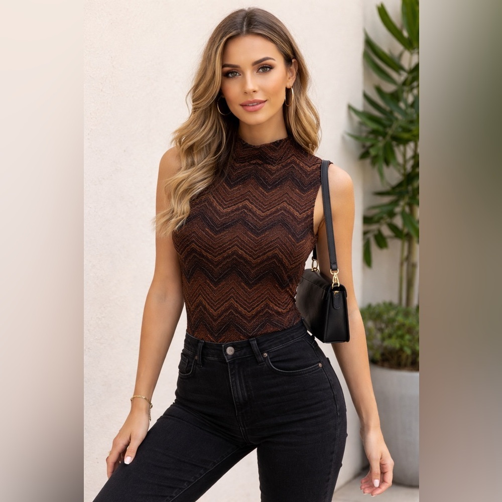 JKLA | Vintage Sleeveless Chevron Knit Top in Brown and Black